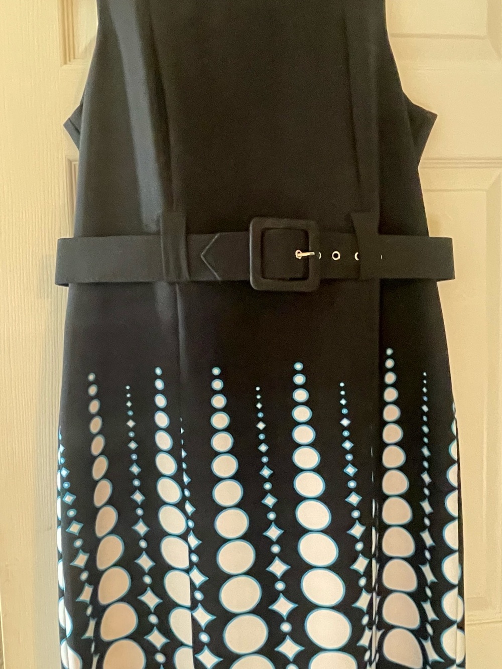 Black Belted Sleeveless Dress with White & Teal Dot Pattern